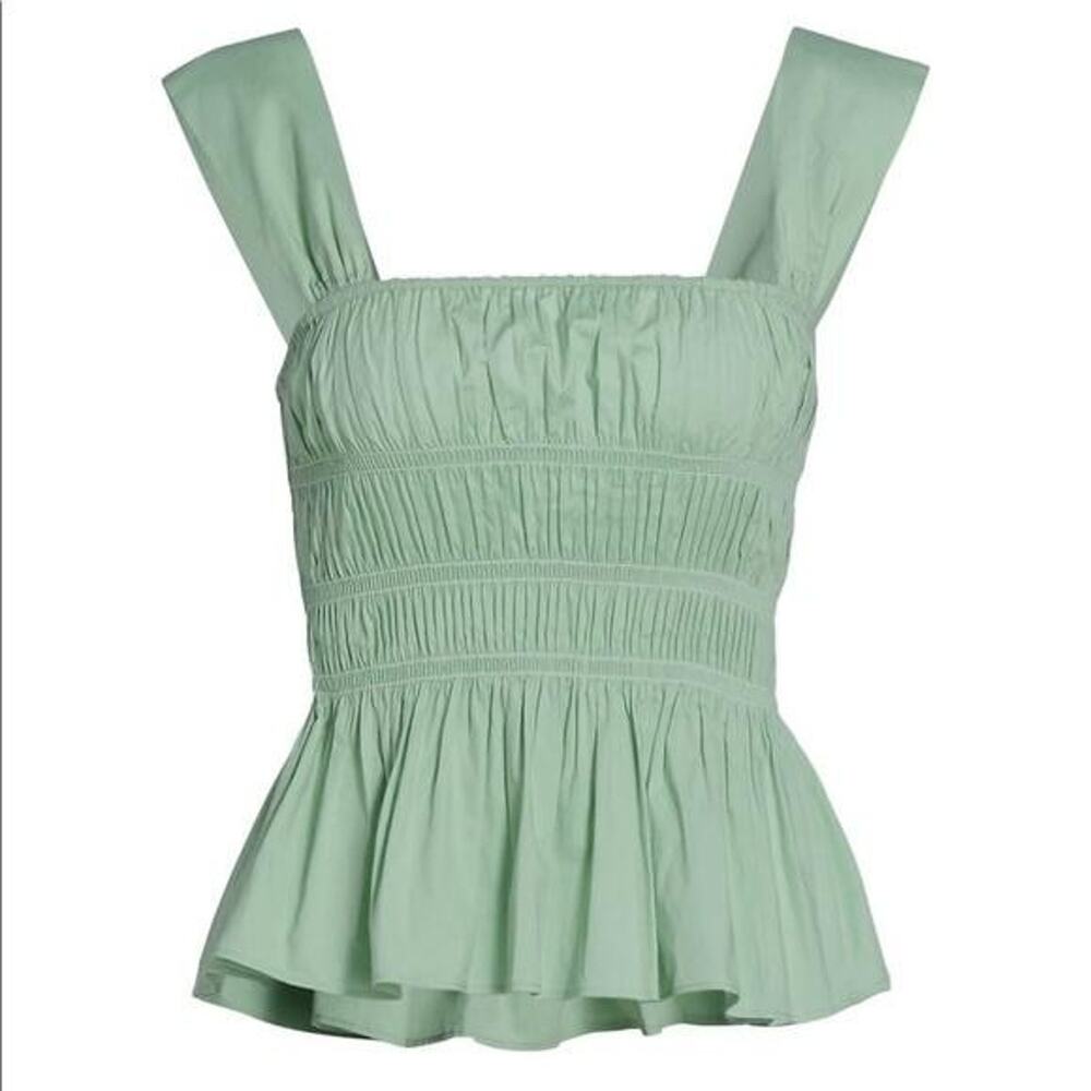 STAUD Tank Top Womens Medium Green Smocked Peplum Square Neck Cotton Sleeveless